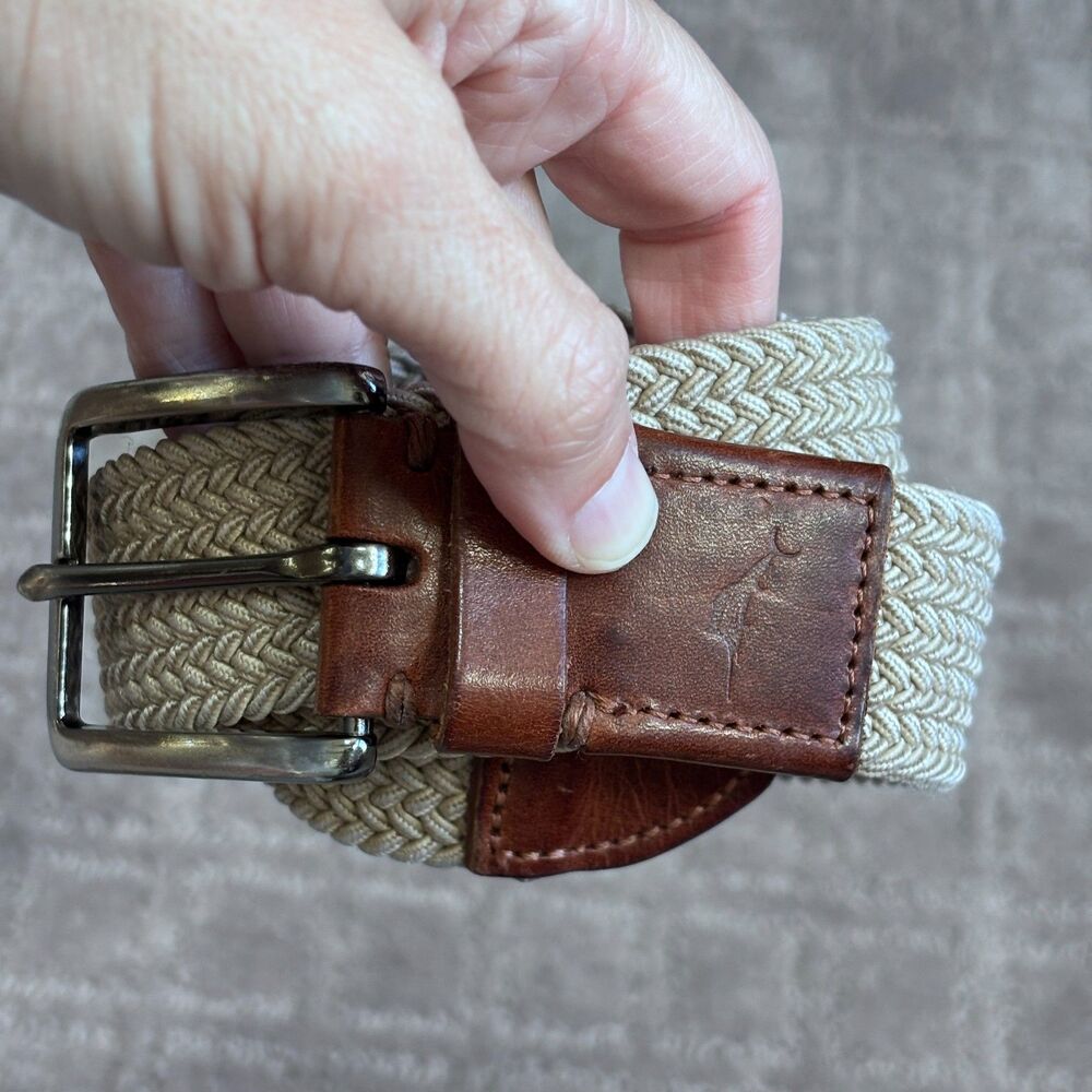 Tommy Bahama Two-Tone Stretch Webbed Belt Men's L/XL Khaki Leather Tip EUC